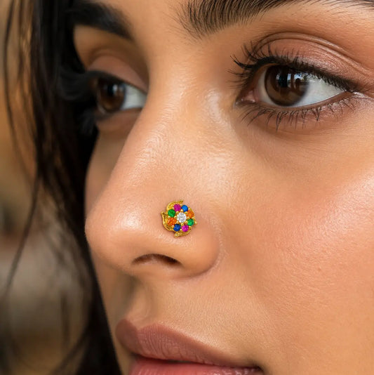 AVIRRA Gold Filled Multicolor Floral Crystal Wired Nose Pin