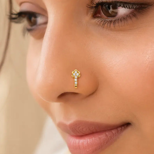 AVIRRA Gold Filled Floral Crystal Long Wired Nose Ring