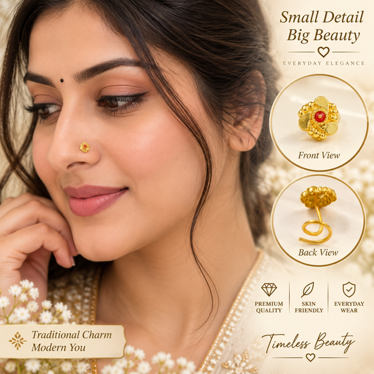 AVIRRA Gold Filled Red Stone Floral Nose Pin