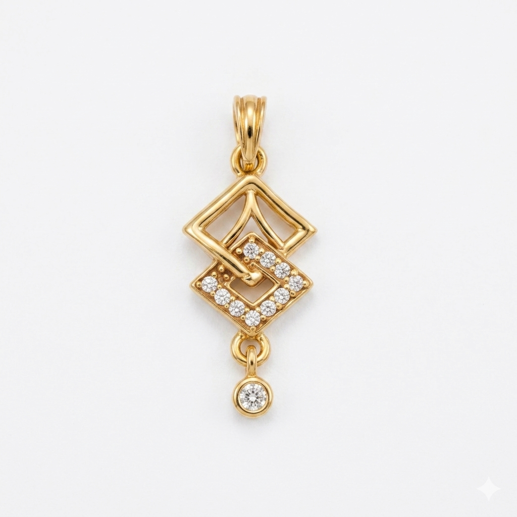 Elegant Gold Interlocking Square Pendant with Sparkling Stones and Drop Charm