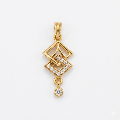 Elegant Gold Interlocking Square Pendant with Sparkling Stones and Drop Charm