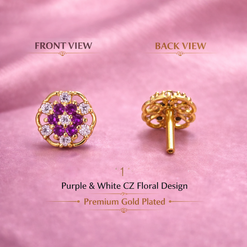 Purple CZ Floral Stud Nose Pin