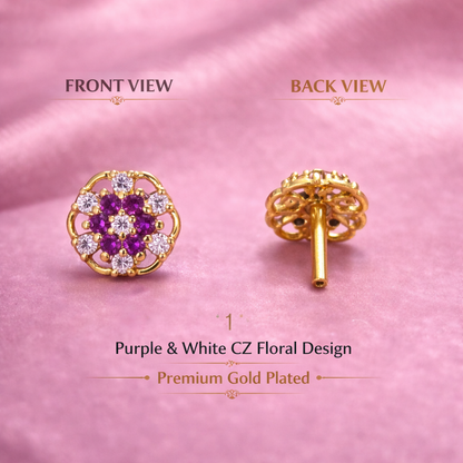 Purple CZ Floral Stud Nose Pin