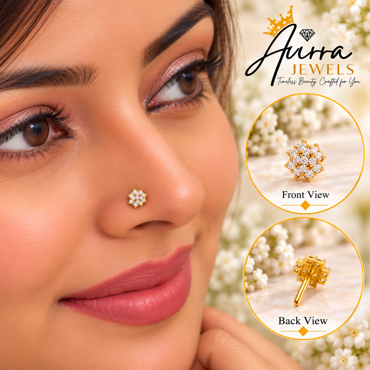 AVIRRA Gold Filled Diamond Cluster Floral Nose Pin