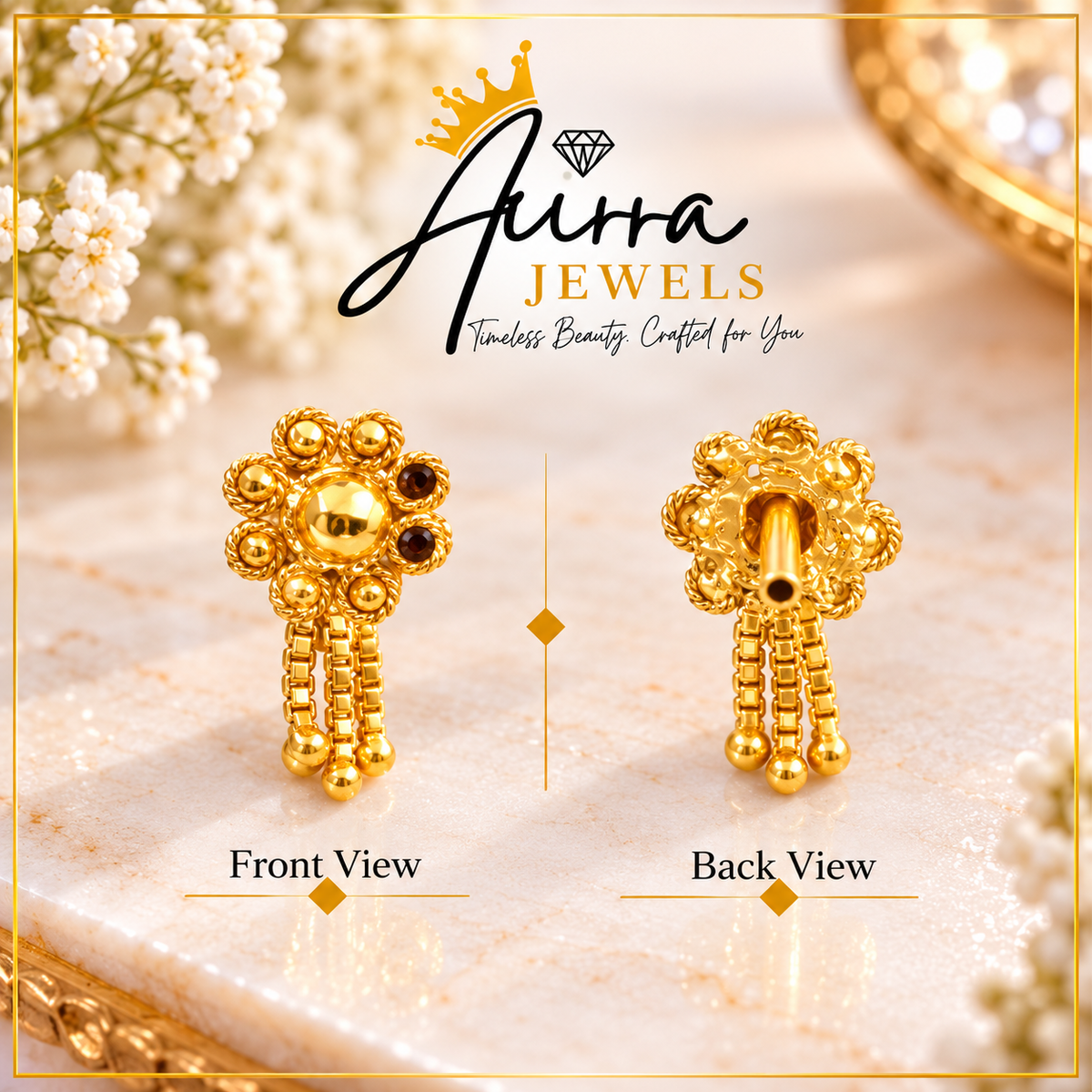 AVIRRA Gold Filled Royal Floral Chain Drop Nose Pin