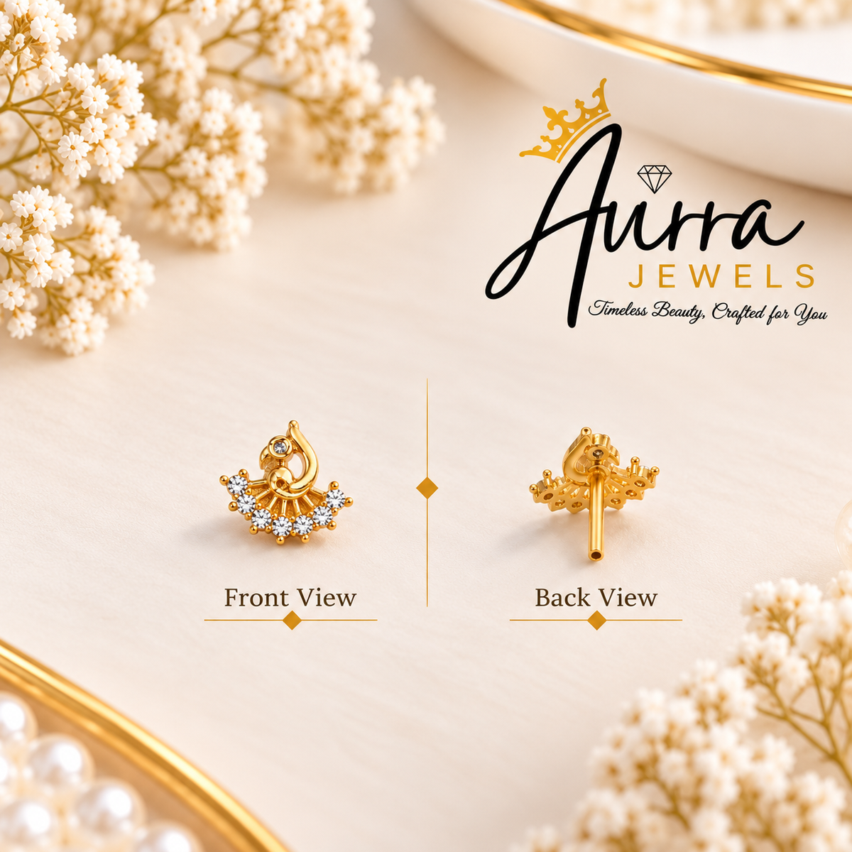 AVIRRA Gold Filled Peacock-Inspired Crystal Nose Pin