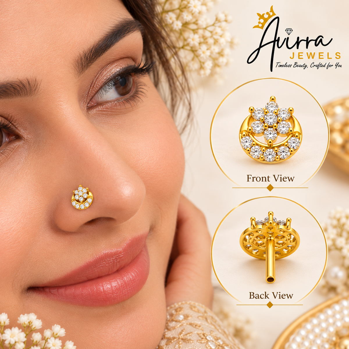 AVIRRA Gold Filled Crystal Crescent Floral Nose Ring