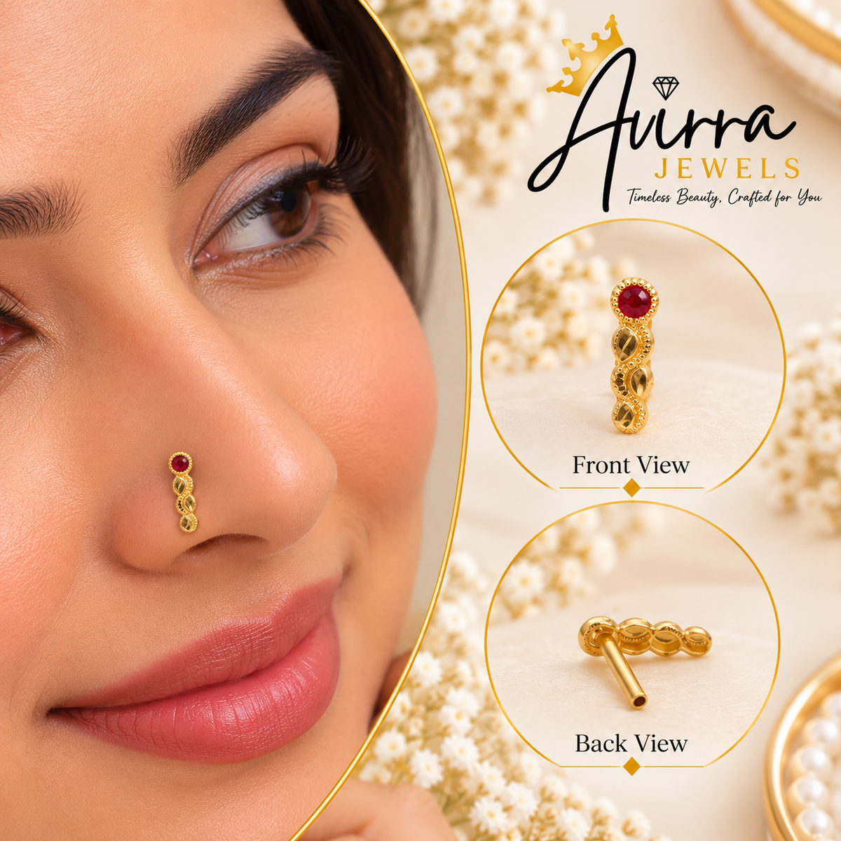 AVIRRA Gold Filled Ruby Spiral Nose Pin
