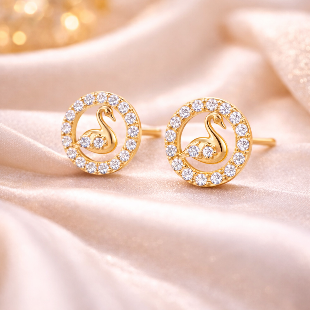 Swan Halo Gold Filled Stud Earrings