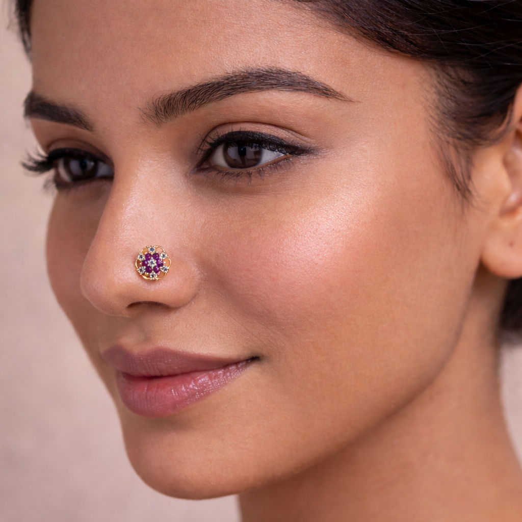 Purple CZ Floral Stud Nose Pin