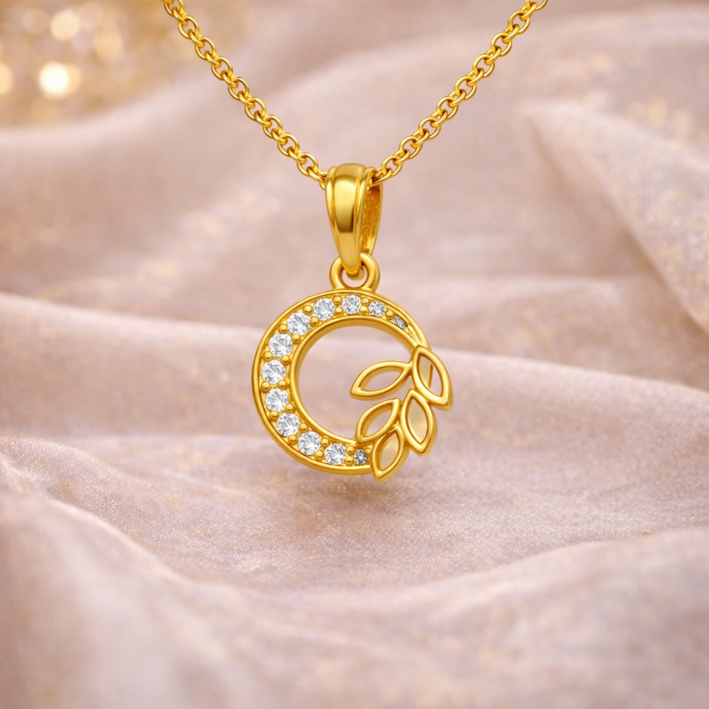 Elegant Gold Circular Leaf Pendant with Stone Detailing