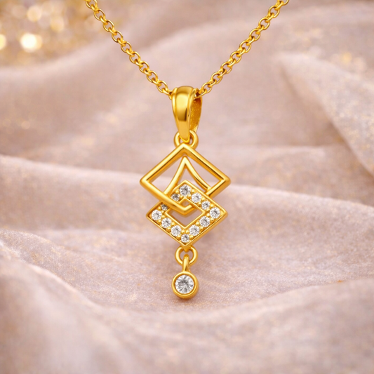 Elegant Gold Interlocking Square Pendant with Sparkling Stones and Drop Charm
