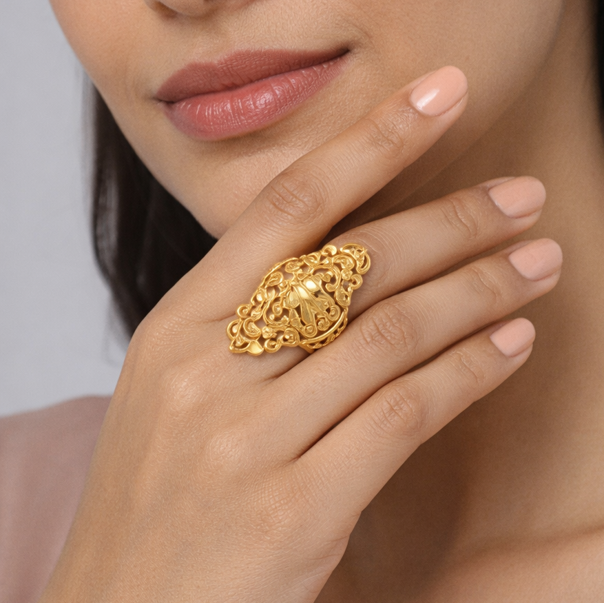 Traditional Floral-Pattern Gold Filled Ring