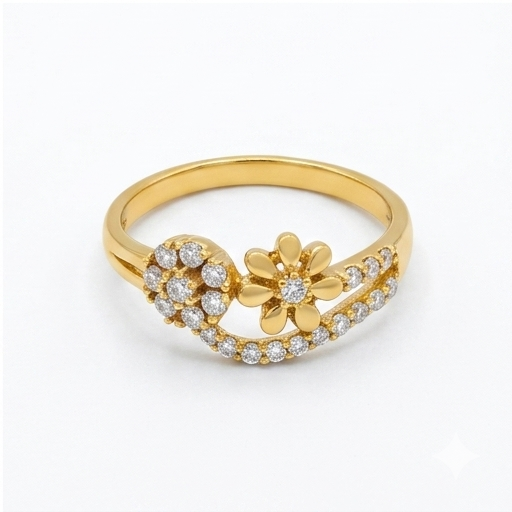 Elegant Gold Floral Curve Ring with Sparkling Stones for Women