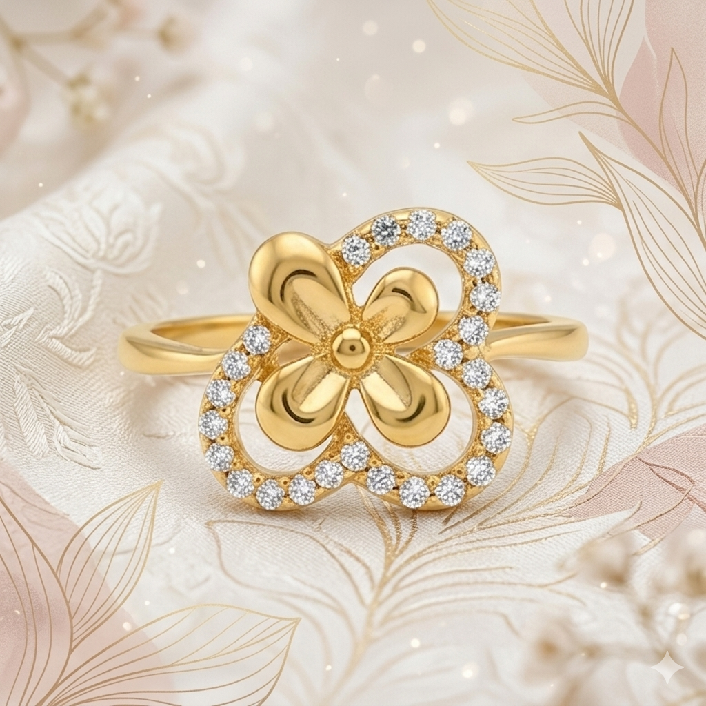 Elegant Gold Floral Heart Ring with Sparkling Stones for Women
