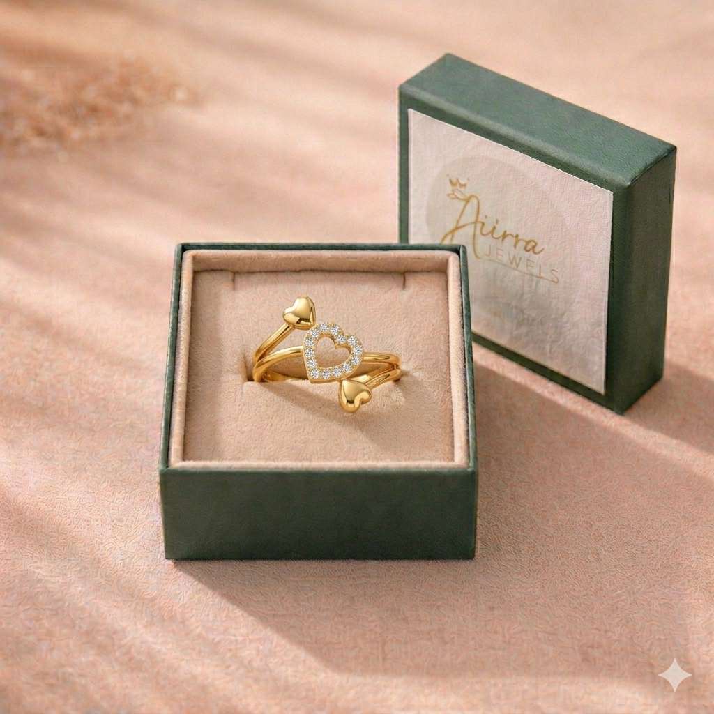 Elegant Gold Triple Heart Ring with Sparkling Stones for Women