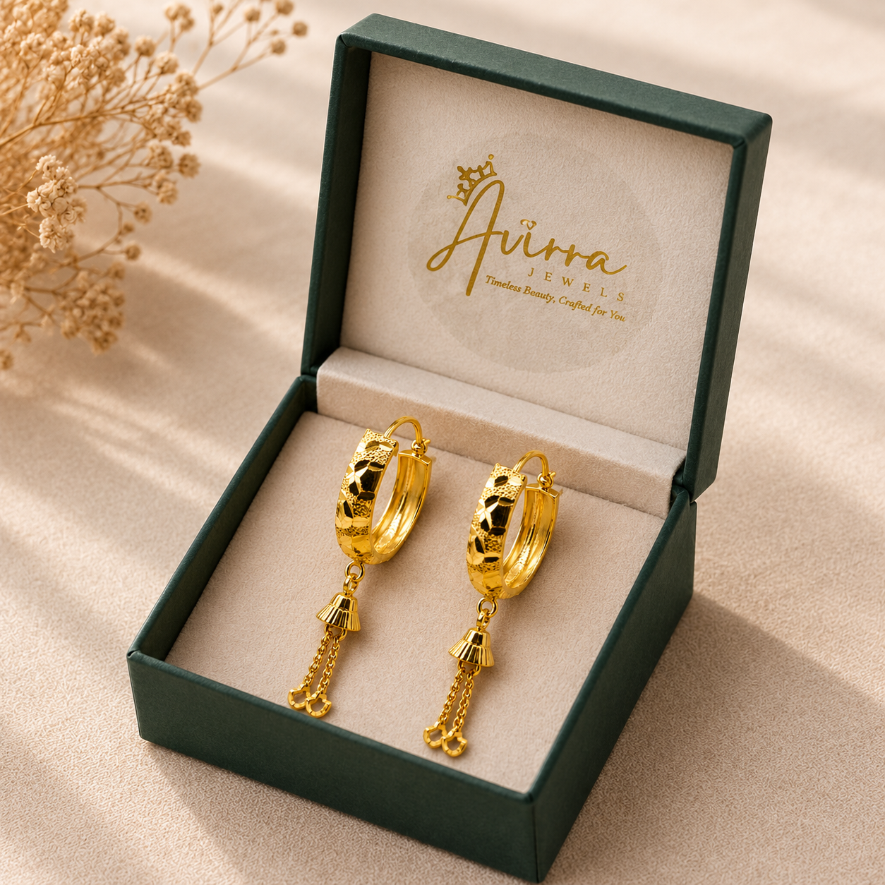 AVIRRA Gold Filled Textured Hoop Tassel Earrings