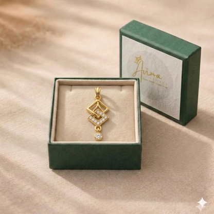 Elegant Gold Interlocking Square Pendant with Sparkling Stones and Drop Charm