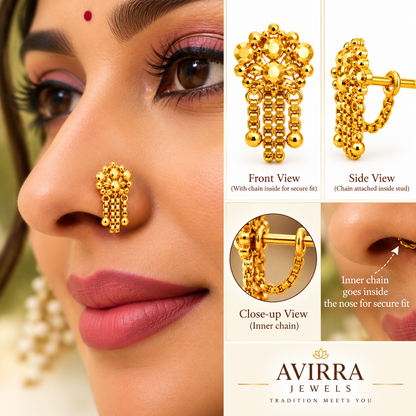 AVIRRA Floral Triple Chain Gold Filled Nose Pin