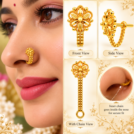 AVIRRA Floral Long Chain Gold Filled Nose Pin