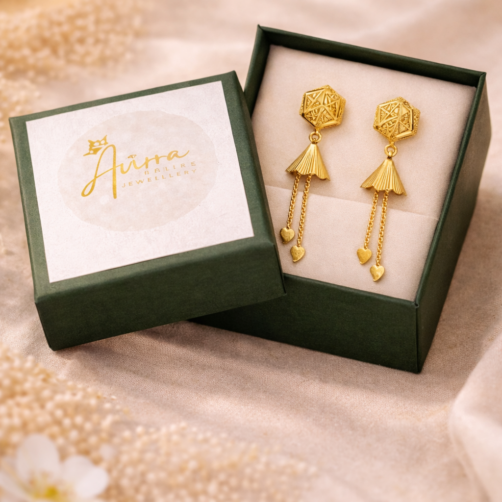 Gold-Filled Geometric Drop Earrings with Heart Danglers