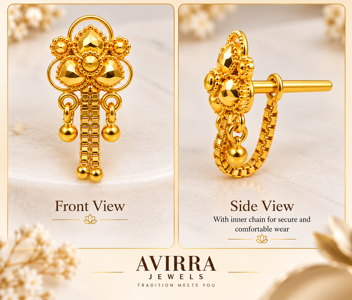 AVIRRA Floral Long Chain Nose Pin – Gold Filled
