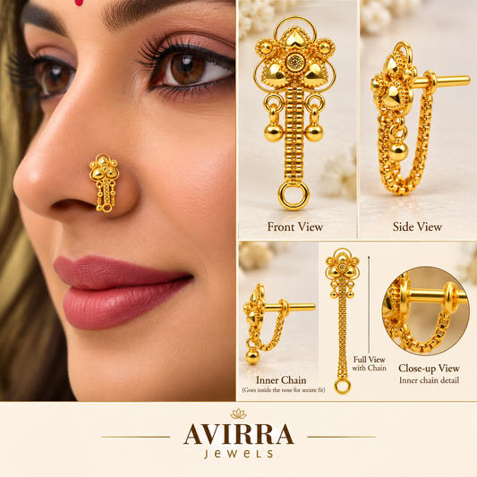 AVIRRA Floral Long Chain Nose Pin – Gold Filled