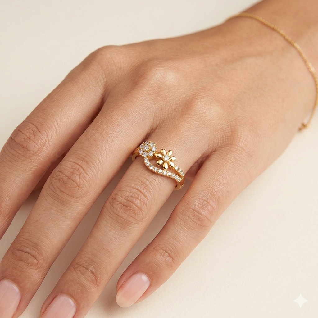 Elegant Gold Floral Curve Ring with Sparkling Stones for Women