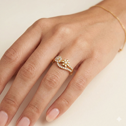 Elegant Gold Floral Curve Ring with Sparkling Stones for Women