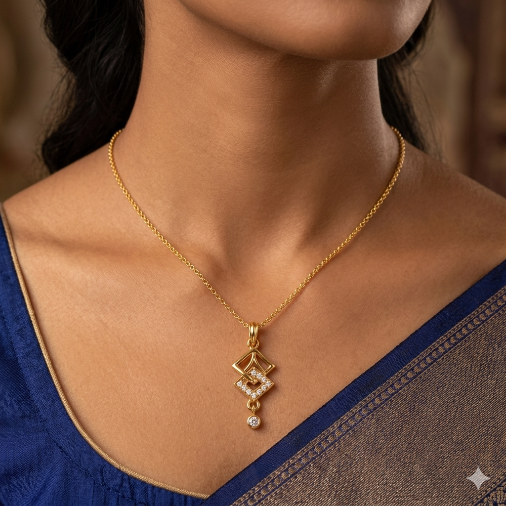 Elegant Gold Interlocking Square Pendant with Sparkling Stones and Drop Charm