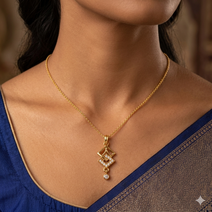 Elegant Gold Interlocking Square Pendant with Sparkling Stones and Drop Charm