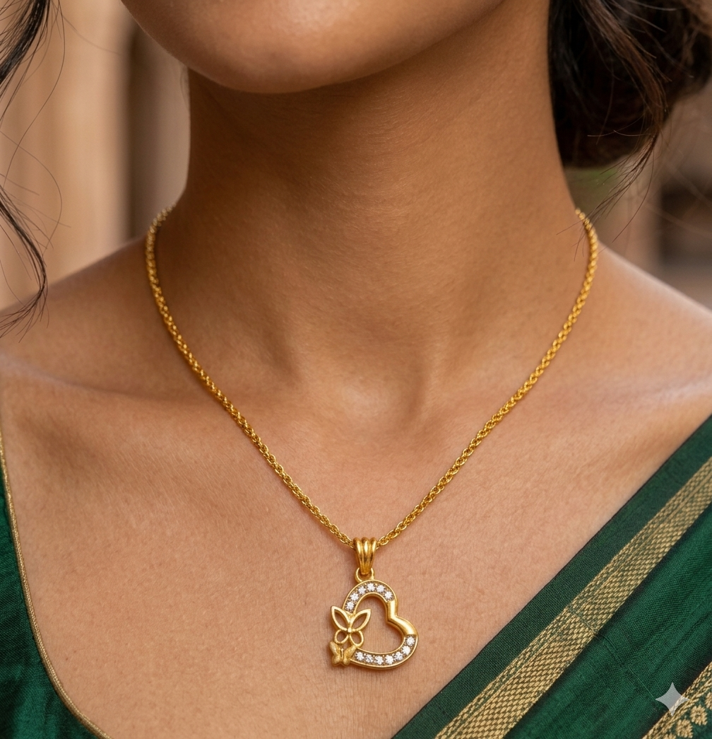 Elegant Gold Heart Butterfly Pendant with Stone Detailing