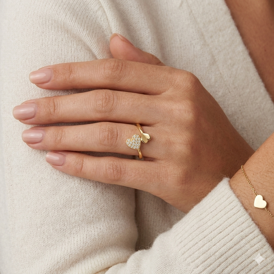 Elegant Gold Heart Drop Ring with Sparkling Stones for Women