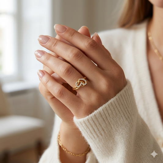 Elegant Gold Dual Heart Twist Ring with Sparkling Stones for Women