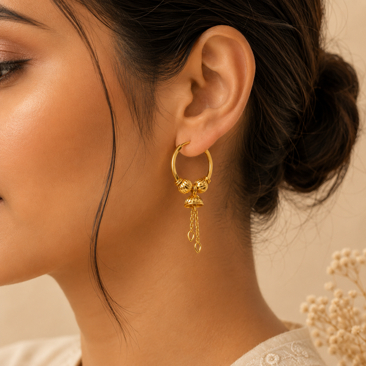 AVIRRA Gold Filled Bell Charm Hoop Earrings with Ribbed Beads