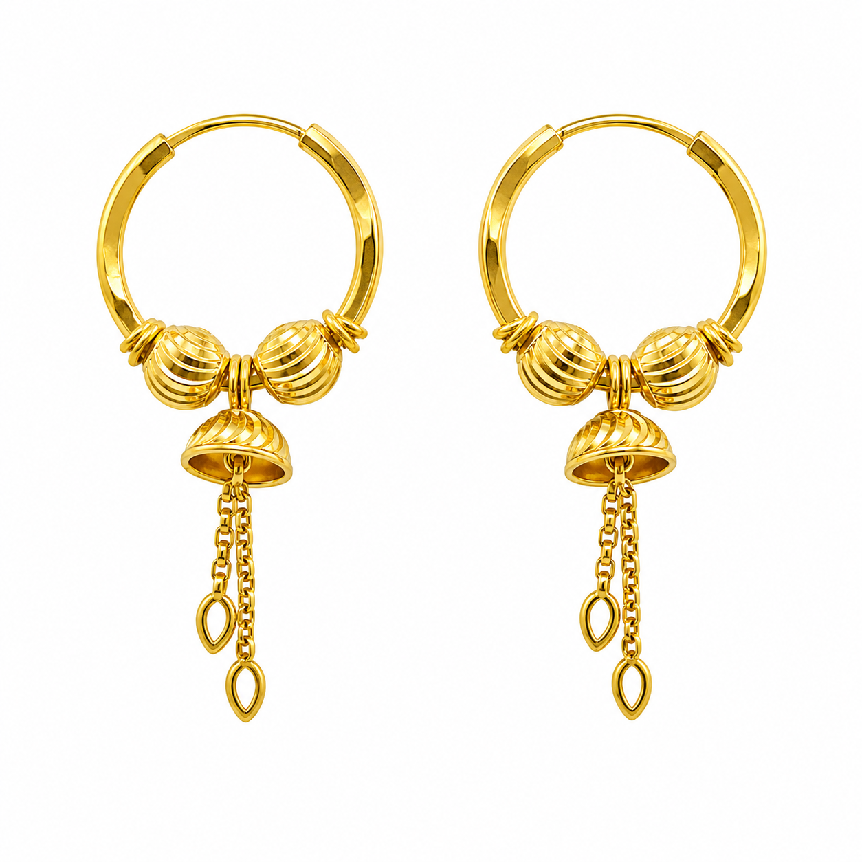 AVIRRA Gold Filled Bell Charm Hoop Earrings with Ribbed Beads