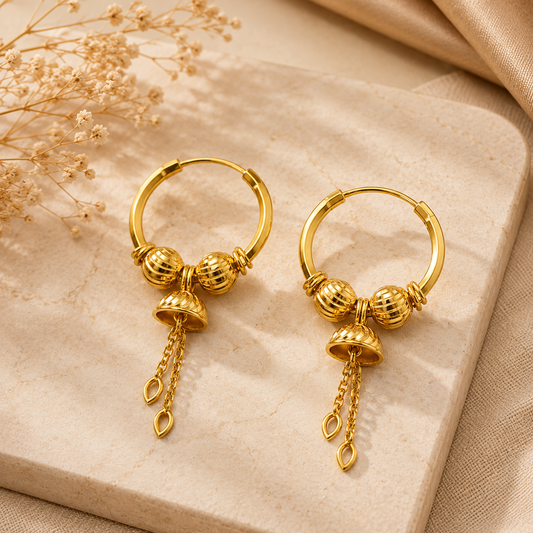 AVIRRA Gold Filled Bell Charm Hoop Earrings with Ribbed Beads