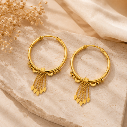 AVIRRA Gold Filled Leaf Tassel Hoop Earrings
