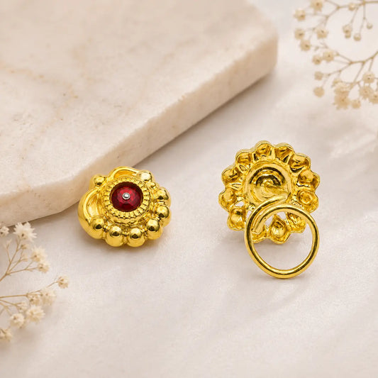 AVIRRA Gold Filled Floral Red Crystal Wired  Nose Pin