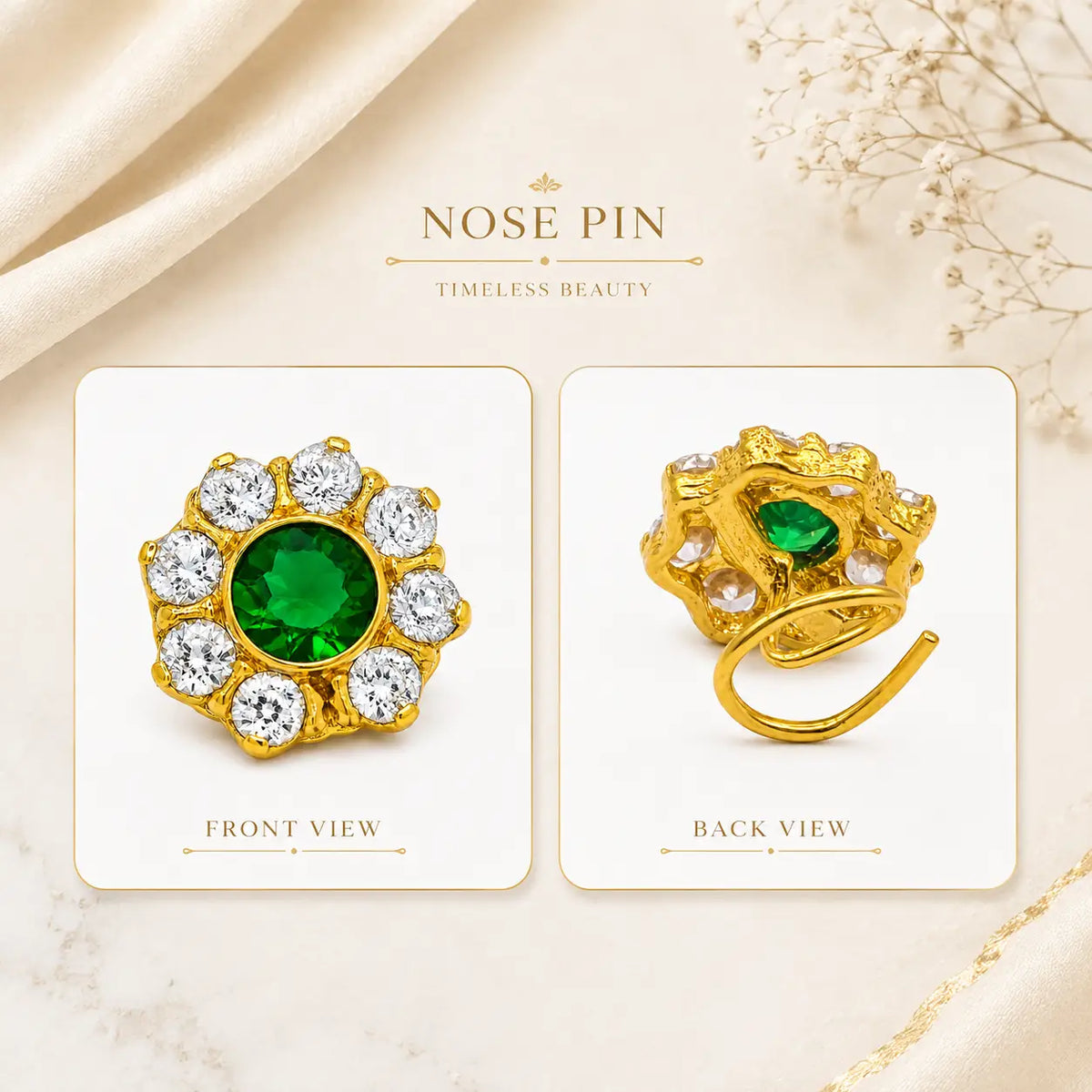 AVIRRA Gold Filled Emerald Green Crystal Floral Wired Nose Pin