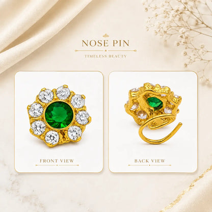 AVIRRA Gold Filled Emerald Green Crystal Floral Wired Nose Pin
