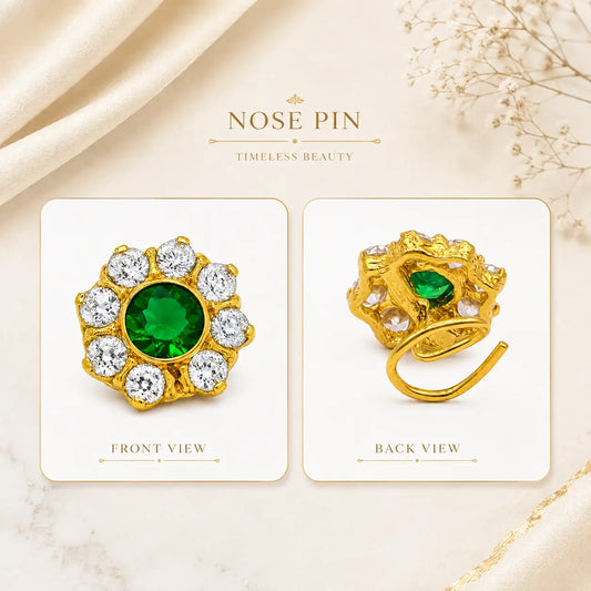 AVIRRA Gold Filled Emerald Green Crystal Floral Wired Nose Pin