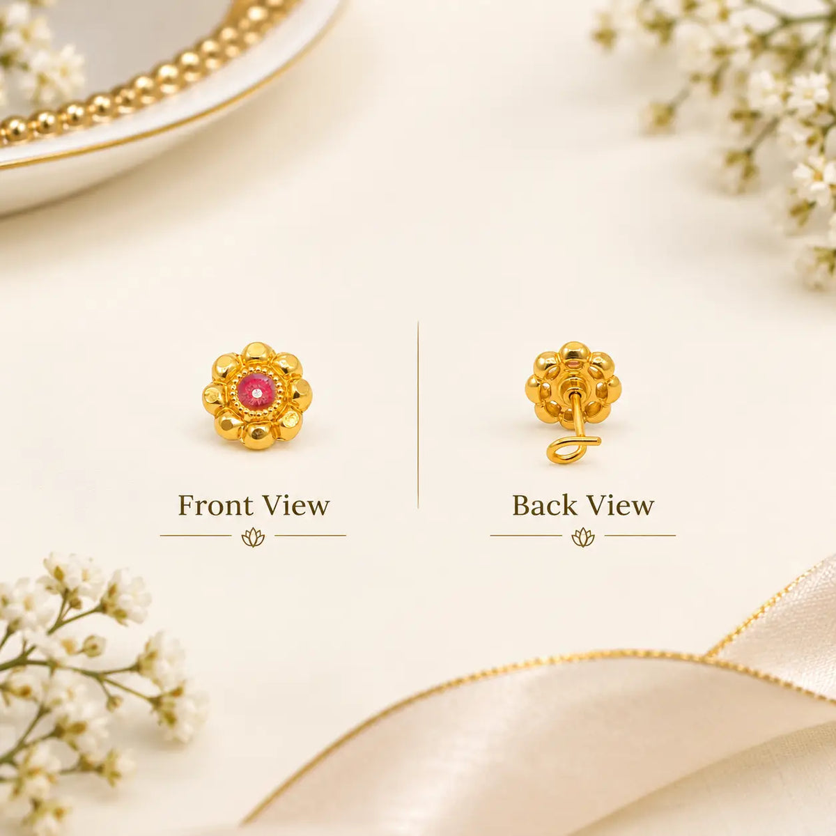 AVIRRA Gold Filled Ruby Floral Wired Nose Pin