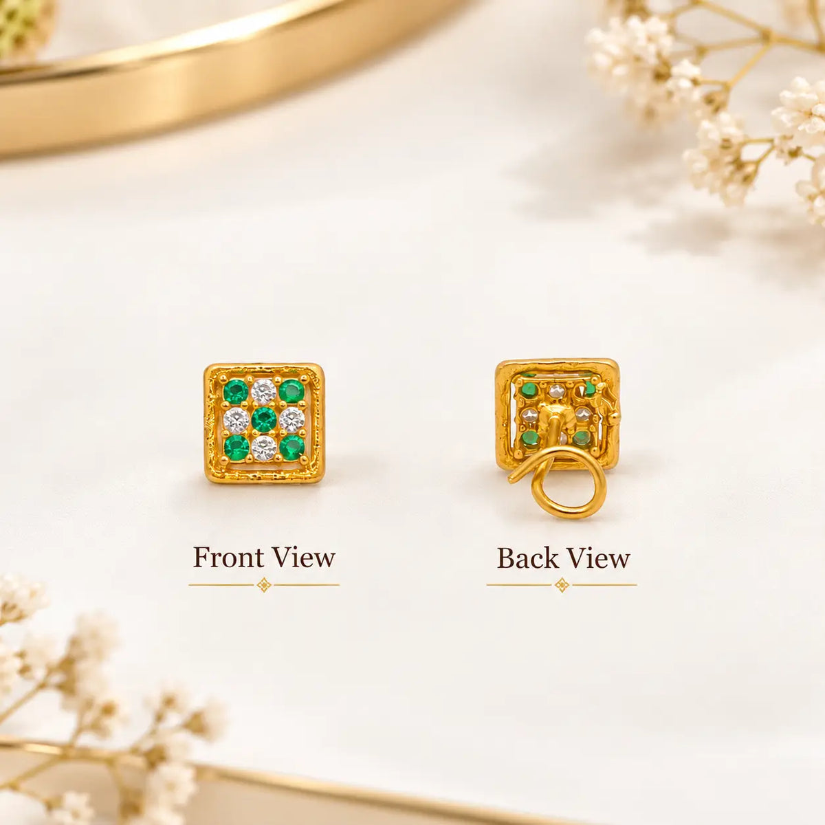 AVIRRA Gold Filled Green & White Square Wired Nose Pin
