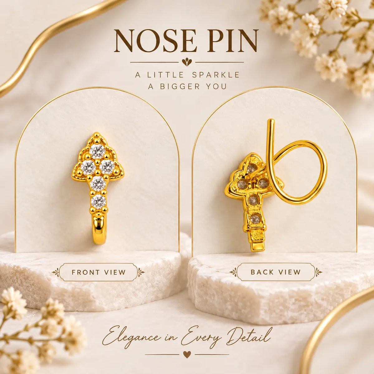 AVIRRA Gold Filled Floral Crystal Long Wired Nose Pin
