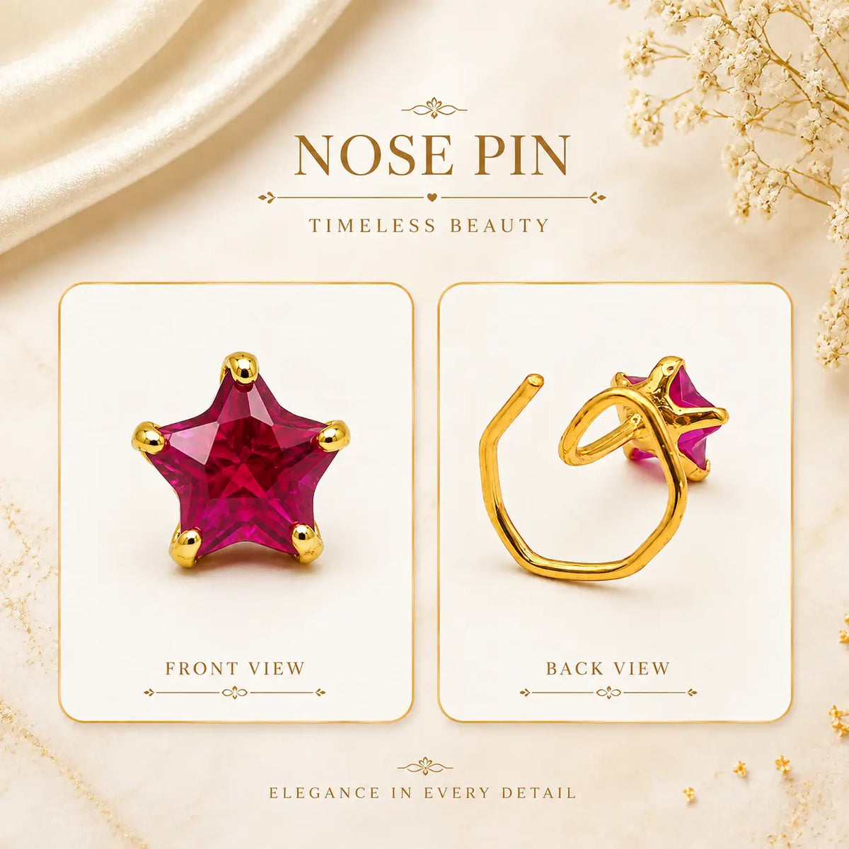 AVIRRA Gold Filled Ruby Red Star Crystal Wired Nose Pin