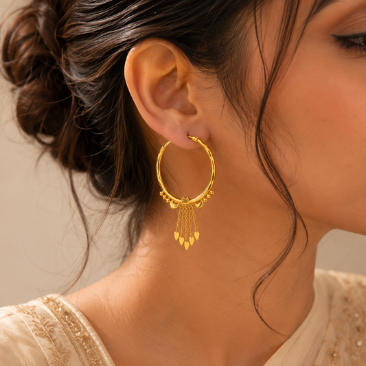 AVIRRA Gold Filled Leaf Tassel Hoop Earrings