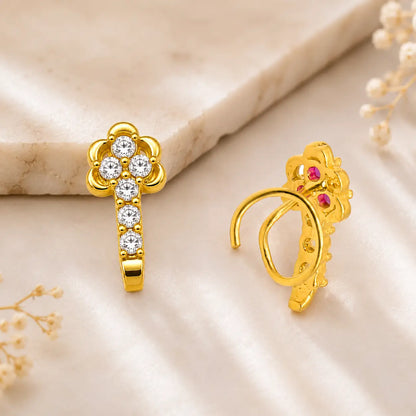 AVIRRA Gold Filled Floral Crystal Long Wired Nose Ring