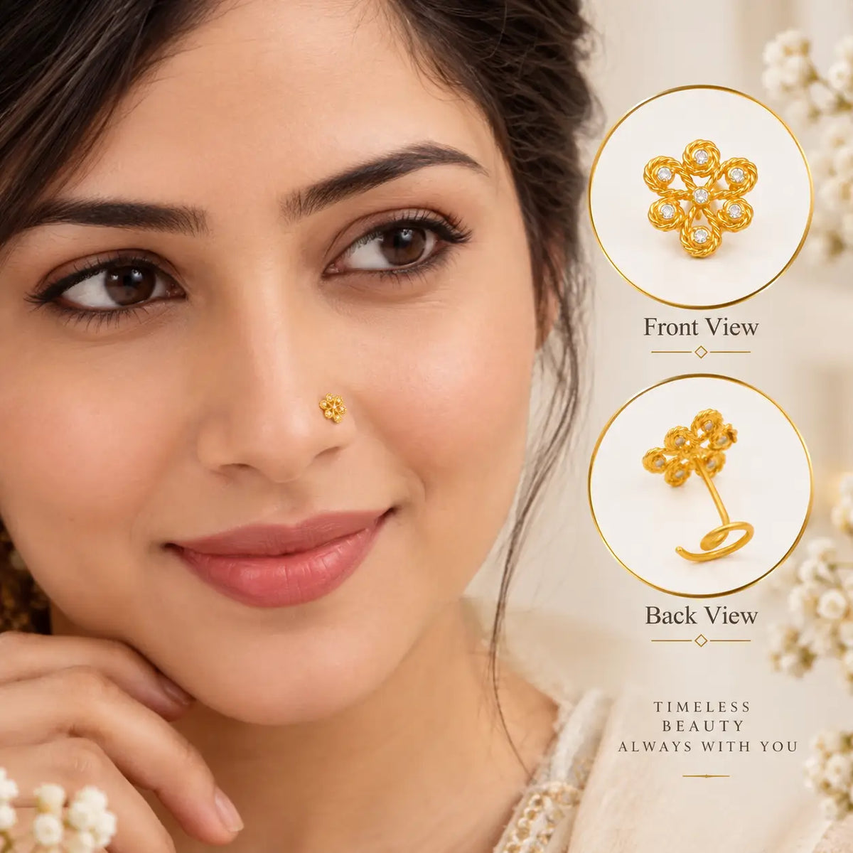 AVIRRA Gold Filled Floral Petal Wired Nose Pin