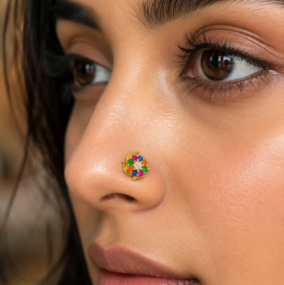 AVIRRA Gold Filled Multicolor Floral Crystal Wired Nose Pin